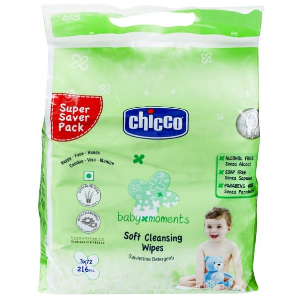 Chicco Baby Moments Soft Cleansing Wipes 20 cm x 15 cm CH88250 Pack Of 3 x 72