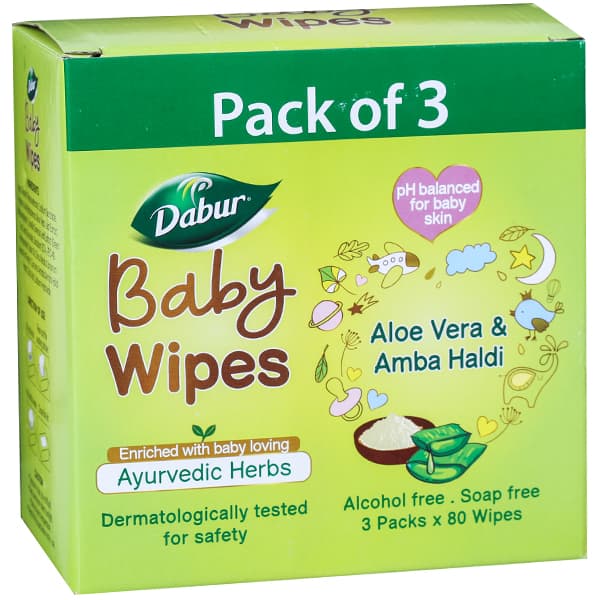 Dabur Baby Wipes Enriched with Ayurvedic Herbs Aloe Vera & Amba Haldi 150 mm x 200 mm Pack Of 3 x 80
