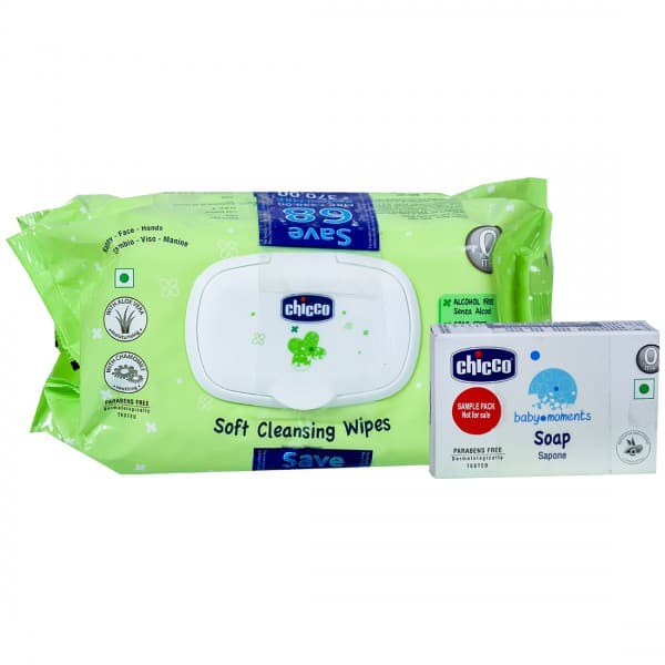 Chicco Soft Cleansing Wipes 20 cm x 15 cm CH111962 (Save Rs 68 & Free Chicco Baby Soap 75 g) Pack Of 2 x 72