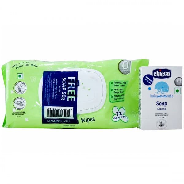 Chicco Soft Cleansing Wipes with Lid 20 cm x 15 cm CH111960 (Free Chicco Baby Soap 50 g) Pack Of 72