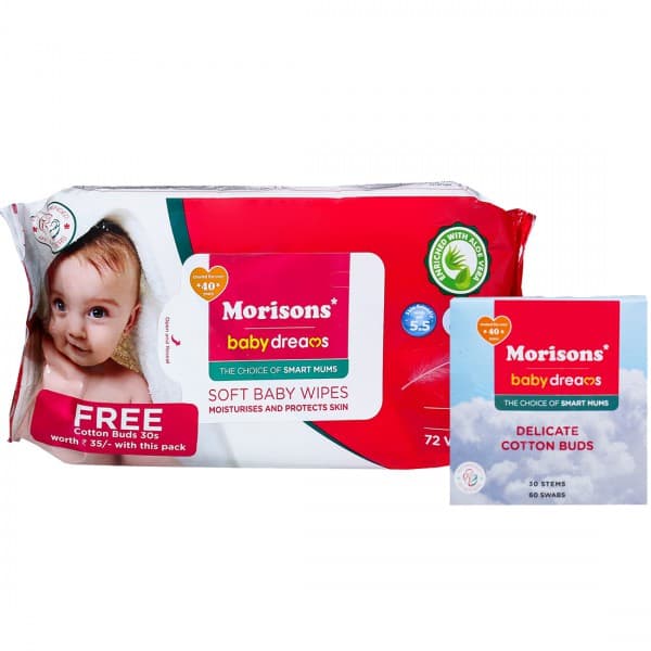 Morisons Soft Baby Wipes 140 mm x 190 mm (Free Morisons Cottom Buds 30 N) Pack Of 72