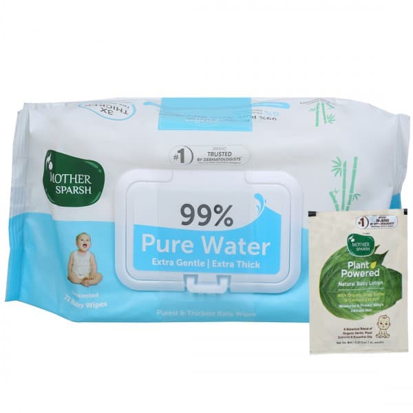 Mother Sparsh 99% Pure Water Extra Gentle & Thick Baby Wipes with Lid 15 cm x20cm(FreeBabyLotion8ml) Pack of 72 x 2