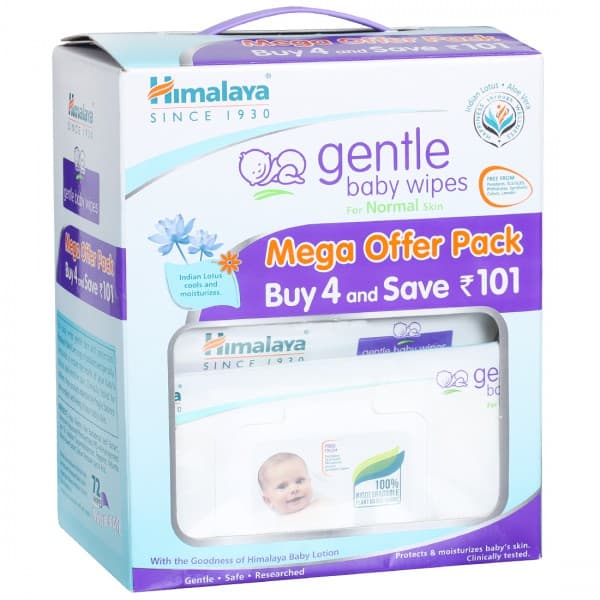 Himalaya Gentle Baby Wipes Extra Soft for Normal Skin with Lid (15 cm x 20 cm) Pack Of 4 x 72