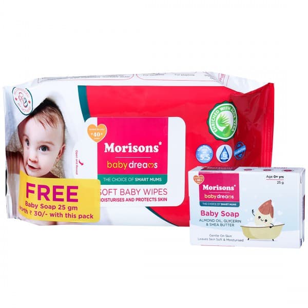 Morisons Soft Baby Wipes 140 mm x 190 mm (Free Morisons Baby Soap 0+ yrs 25 g) Pack Of 72