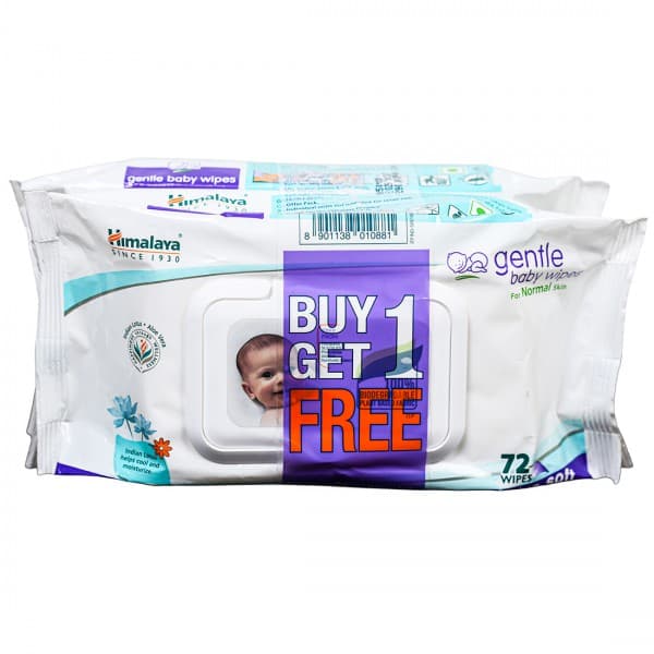 Himalaya Gentle Baby Wipes Extra Soft For Normal Skin with Lid (14 cm x 20 cm) (Buy 1 Get 1 Free) Pack Of 72