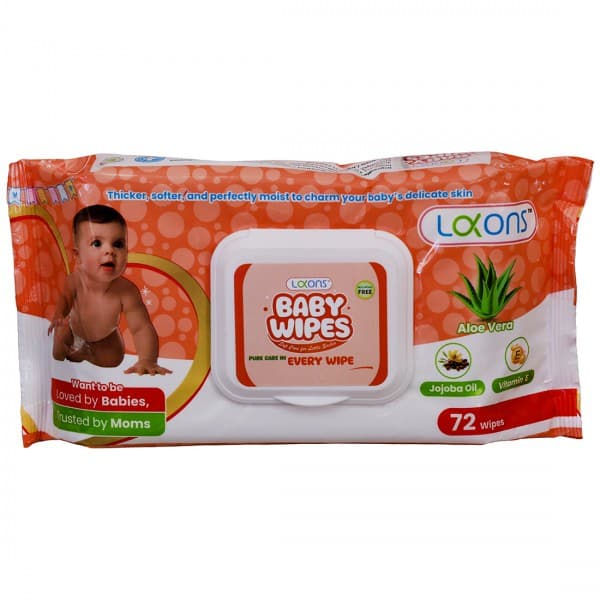 Lakons Baby Wipes Aloe Vera, Jojoba Oil & Vitamin E With Lid (15 cm x 20 cm) Pack Of 72