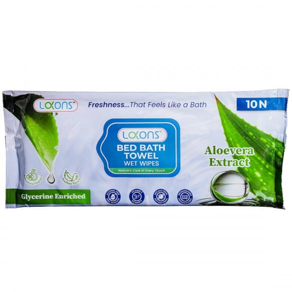Lakons Bed Bath Towel Wet Wipes Enriched With Glycerine, Aloevera Extract & Vitamin E (24 cm x 30 cm) Pack Of 10