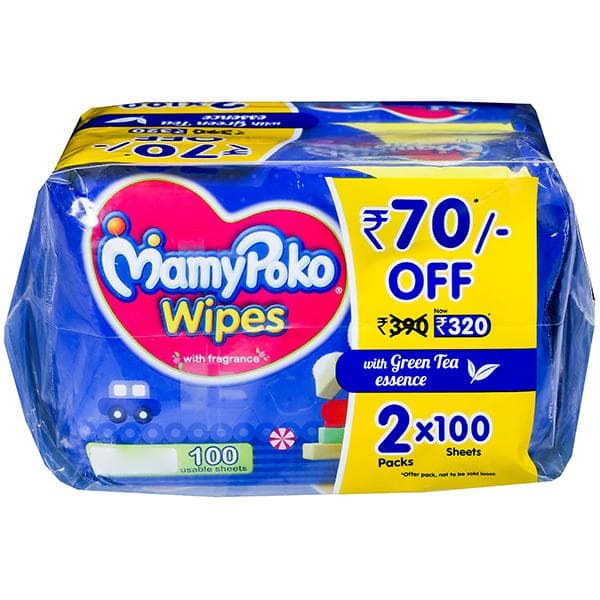 MamyPoko Wipes With Green Tea Essence 200 mm x 140 mm (Rs 70 Off) Pack Of 2 x 100