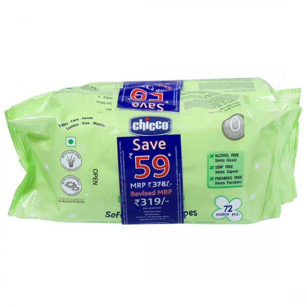 Chicco Baby Moments Soft Cleansing Wipes 20 cm x 15 cm CH83260 (Save Rs 59) Pack Of 2 x 72