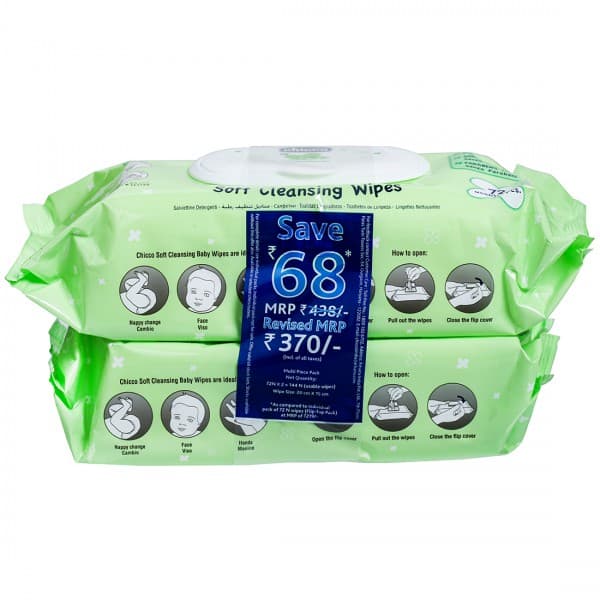 Chicco Baby Moments Soft Cleansing Wipes 20 cm x 15 cm CH86870 with Flip Top (Save Rs 68) Pack Of 2 x 72